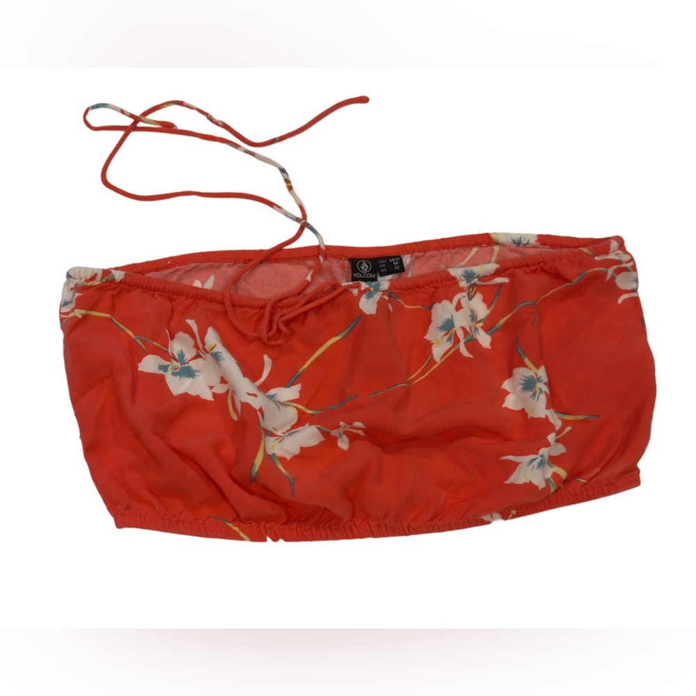 NWOT Volcom Coral Red Hawaiian Flower Crop Top Lightweight Drawstring Top